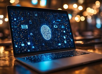 Aufkleber - A laptop screen shows a blue fingerprint on a black background. e background with a digital security concept.