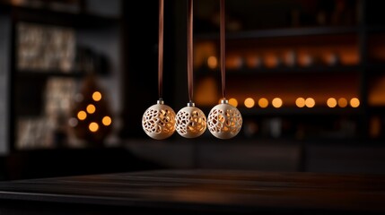 Poster - White and beige chocolate ornaments dangle from brown ribbons, beautifully designed against a dark background that highlights their exquisite craftsmanship