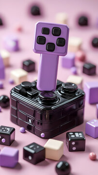Purple and Black Pixel Art Joystick on Pink Background