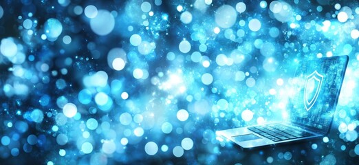 Poster - A laptop with a blue background and a blue shield on it. e background with a digital security concept.