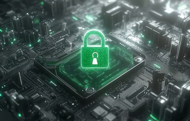 Aufkleber - A green computer chip with a lock on it. e background with a digital security concept.