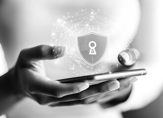 Poster - A woman is holding a cell phone with a keypad on the screen. e background with a digital security concept.