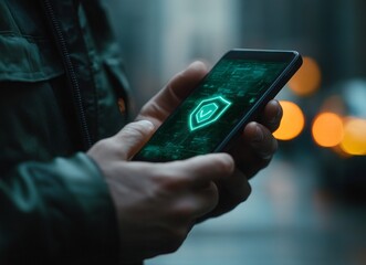 Poster - A person is holding a cell phone with a green shield on it. e background with a digital security concept.