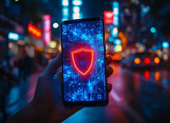 Aufkleber - A person is holding a cell phone with a red shield on the screen. e background with a digital security concept.
