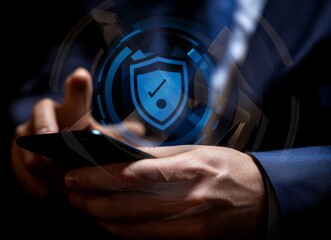 Aufkleber - A man is holding a cell phone and is about to press a button. e background with a digital security concept.