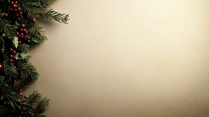 Aufkleber - Fir tree branches adorned with tiny ornaments and red berries create a festive border against a soft neutral backdrop, ideal for holiday greetings or designs
