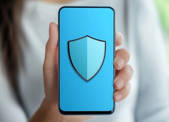 Aufkleber - A person is holding a cell phone with a blue shield on it. e background with a digital security concept.