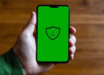 Aufkleber - A person is holding a phone with a green screen protector. e background with a digital security concept.