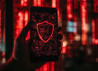 Aufkleber - A person is holding a cell phone with a red shield on it. e background with a digital security concept.