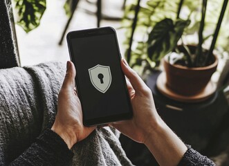 Aufkleber - A person is holding a cell phone with a lock icon on it. e background with a digital security concept.