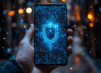 Aufkleber - A person is holding a cell phone with a blue screen that says 