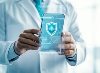 Aufkleber - A man in a white lab coat holding a tablet with a blue shield on it. e background with a digital security concept.