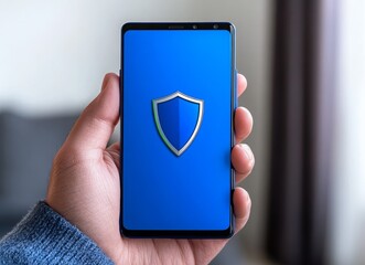 Aufkleber - A person is holding a cell phone with a blue shield on the screen. e background with a digital security concept.