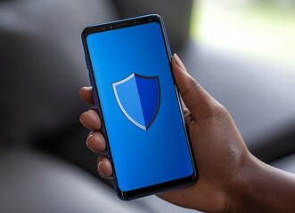 Aufkleber - A person is holding a cell phone with a blue shield on the screen. e background with a digital security concept.