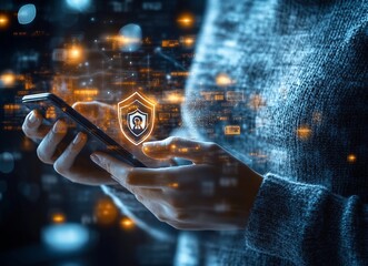 Aufkleber - A person is holding a cell phone with a security icon on it. e background with a digital security concept.