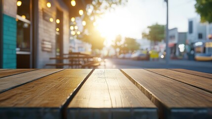 Aufkleber - An empty wooden table in sharp focus contrasts with a blurred coffee shop, illuminated by warm light, inviting customers with its cozy decor