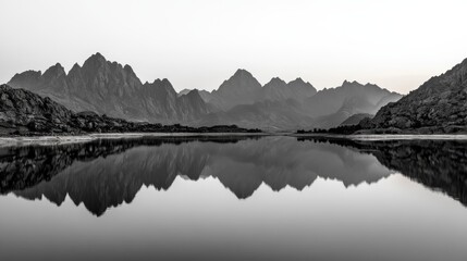 Aufkleber - A still lake perfectly mirrors jagged mountain peaks in black and white, creating a striking effect. The minimalist palette enhances the serene landscape