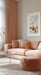 Aufkleber - Soft peach hues envelop a chic living space featuring a plush sofa adorned with cozy cushions, a round pouf, and a simple table, all beautifully illuminated by sunlight filtering through sheer drapes