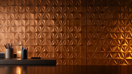 Fototapete - Frontal view of a modern workspace with a sleek desk and organized office supplies against a warm copper geometric wall, showcasing a minimalist aesthetic