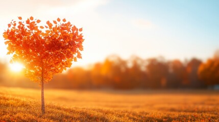 Poster - A heart-shaped tree with brilliant orange and red leaves is center stage in a golden field, illuminated by warm sunlight during autumn