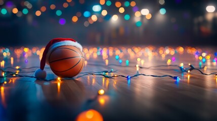 Aufkleber - A basketball wearing a Santa hat sits on a polished hardwood floor, illuminated by colorful fairy lights, creating a fun holiday atmosphere perfect for celebrations