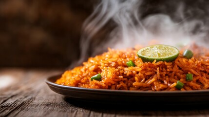 Poster - A steaming plate of fried rice with vibrant colors garnished with scallions and a lime slice rests on a rustic wooden table with soft natural light