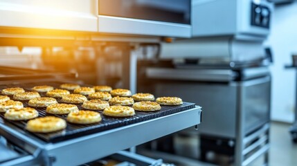 Poster - Side view of an advanced food processing machine showcasing shiny metallic parts, with a focus on automation and efficiency in a commercial kitchen