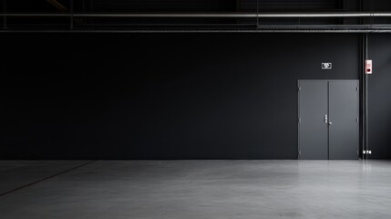 Poster - Gray steel door with sharp geometric details contrasts sharply with a bold black wall, offering a minimalist aesthetic and ample copy space for design purposes