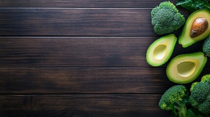 Aufkleber - Perfectly ripe avocados and vibrant green broccoli are artfully arranged on a wooden surface, illuminated by soft natural light creating a fresh ambiance