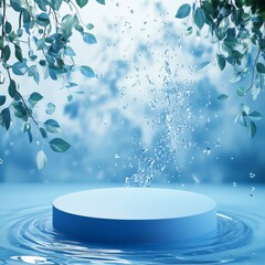 Wall Mural - blue podium with splashing water, perfect for product display