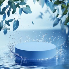 Wall Mural - blue podium with water droplets and splash effect