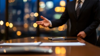 Poster - A businessperson gestures with confidence in a glass-walled office while discussing important topics, illuminated by the city lights in the background