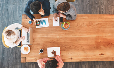 Poster - Business people, top view and meeting in office for social media engagement, statistics and graphs. Staff, market research and documents for analysis report, tech team and review online presence
