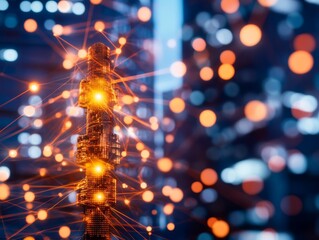 Fototapete - Glowing orange lines and interconnected geometric shapes form a digital network on a dark abstract background, showcasing futuristic technology with ample copy space