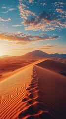 Poster - Golden dunes stretch endlessly beneath a sky painted with warm hues as the sun sets over Namibia's stunning desert landscape. Footprints trace a solitary path through the sand