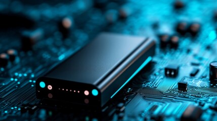 Fototapete - A luminous computer hard drive emits neon blue light and subtle pink reflections on its surface, surrounded by blurred circuitry, creating a high-tech atmosphere
