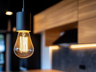 Poster - Close-up view of an energy-efficient LED light bulb hanging in a sleek kitchen, casting a warm glow that enhances the modern cabinetry and creates soothing ambiance