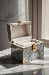 Poster - elegant marble jewelry box with golden accents on a marble countertop in soft natural light