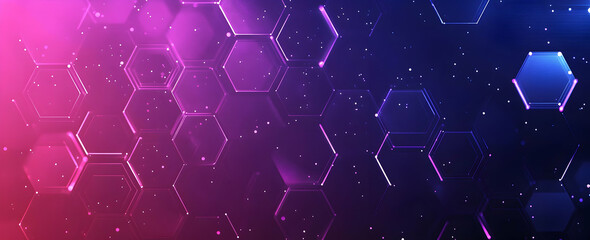 Poster - Abstract purple and blue gradient background with glowing hexagons in motion, forming an illuminated grid pattern on the surface of digital data technology