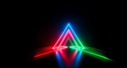 Aufkleber - a vibrant neon triangle glows with red, blue, and green lights against a stark black backdrop. the g