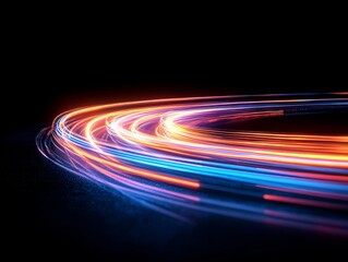 Fototapete - Vibrant blue light streaks curve dramatically across a black background, evoking a futuristic feel of speed and energy while providing ample space for text or graphics