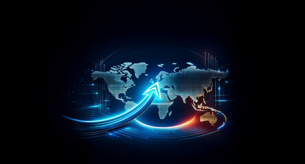 Poster - vibrant blue arrow encircles a digital world map on a dark backdrop, symbolizing global connection a