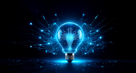 Aufkleber - a luminous blue light bulb emits glowing lines and dots on a dark backdrop, symbolizing innovation, 