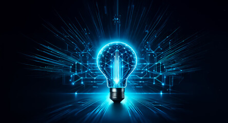 Poster - a vibrant blue light bulb featuring circuit patterns emits bright rays, symbolizing technology, idea