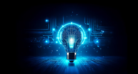 Poster - Illuminating brainpower in a digital age. A glowing light bulb encases a brain, symbolizing ideas and innovation in a futuristic, interconnected world with bright blue circuits.