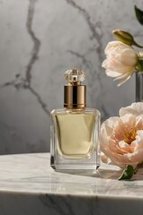 Poster - elegant perfume bottle on marble table with soft flower arrangement in serene setting