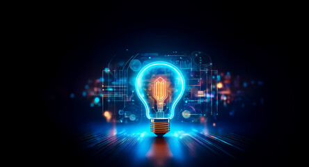 Aufkleber - illuminated lightbulb with a vibrant blue glow, surrounded by a network of digital lines and dots, s