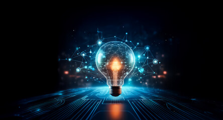 Poster - a luminous light bulb illuminates the darkness, surrounded by glowing lines that suggest digital con
