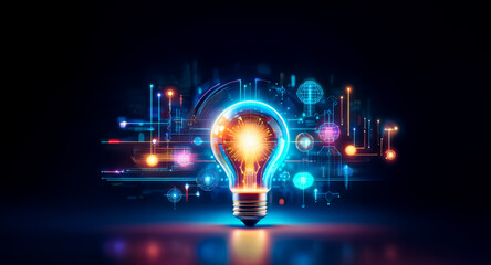 Poster - glowing light bulb with digital circuit board interior on a dark background. abstract lines and shap
