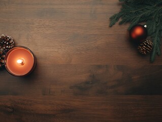 Poster - Overhead shot of a rustic wooden table showcasing a single red candle surrounded by pine cones and evergreen, creating a cozy and inviting atmosphere